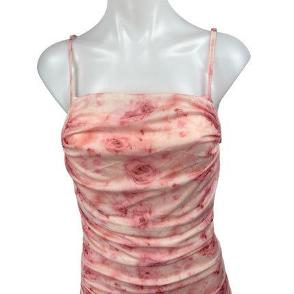 NEW Shein Pink Floral Ruched Sleeveless Cami Camisole Tank Midi Bodycon Dress M