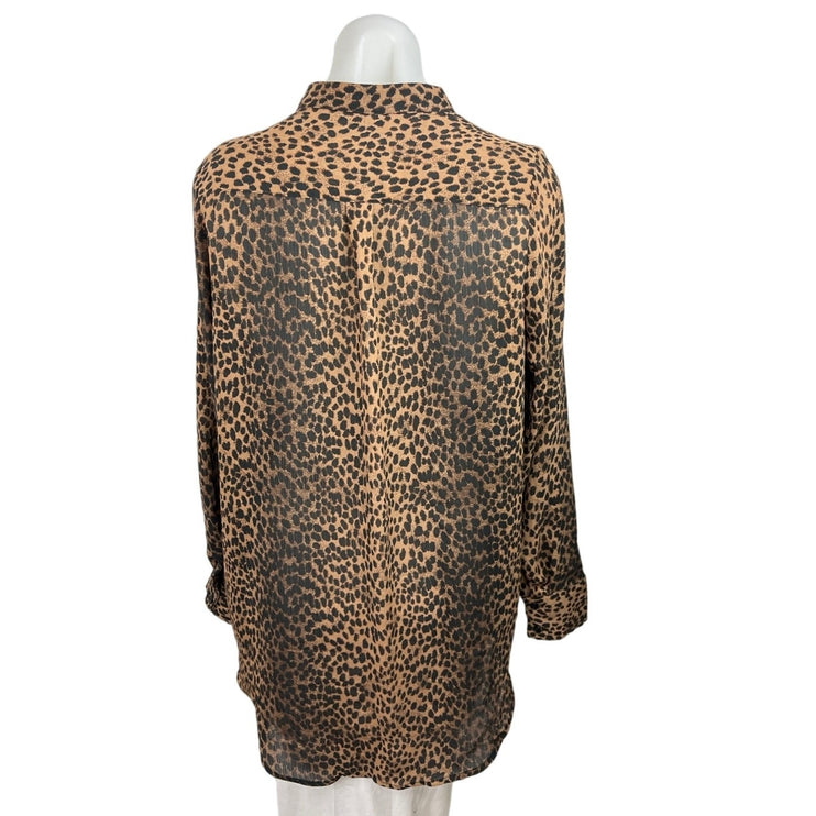 H&M Women's Brown Leopard Print Long Sleeve Band Collared Button Up Blouse Top 4