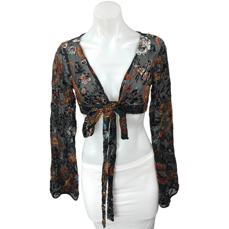 Tiger Mist Black Paisley Floral Sheer Velvet Velour Long Sleeve Crop Top Size S