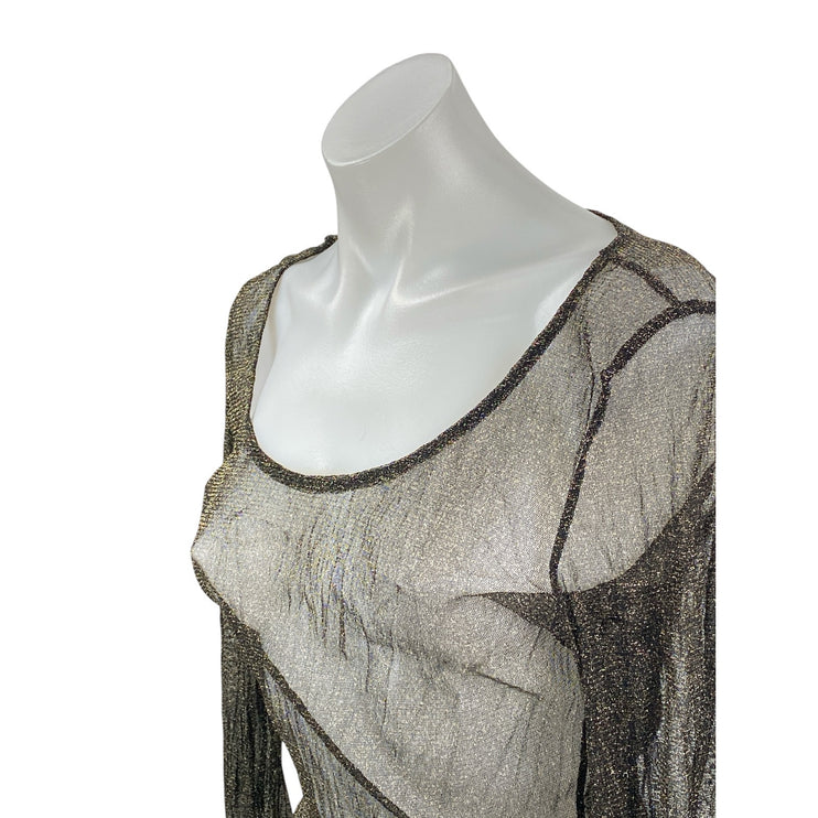 2lot & Delicious Black Mesh Sheer Skull Long Sleeve Scoop Neck Blouse Top Size L