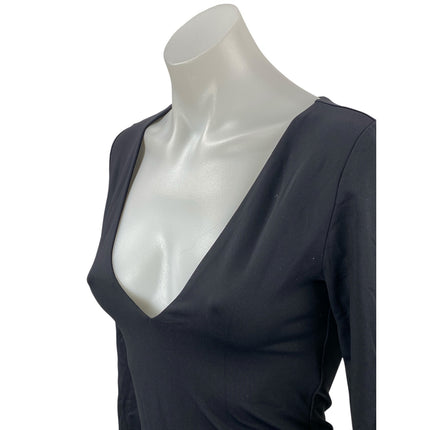 Aritzia Babaton Black Long Sleeve Plunge V Neck Thong Blouse Bodysuit Top Size M