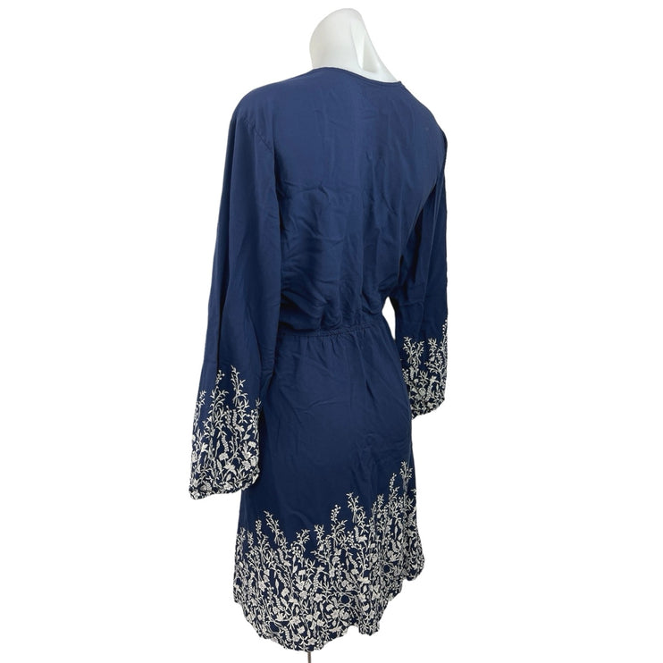 Old Navy Blue Floral Faux Wrap V Neck Bell Sleeves Boho Knee Length Dress Size L