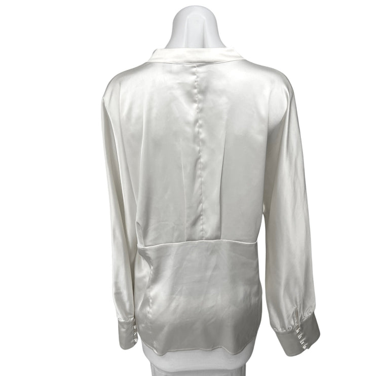 Dialogue White Silk Satin Button Down V-neck Long Sleeve Shirt Blouse Top Size L