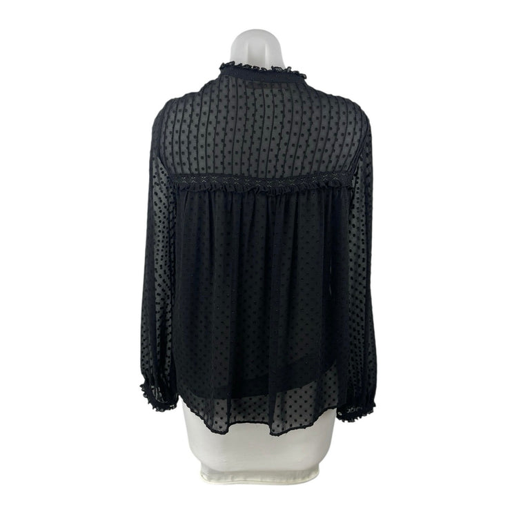 Zara Womens Black Texture Dot Ruffle Button Up Long Sleeve Peasant Blouse Top XS