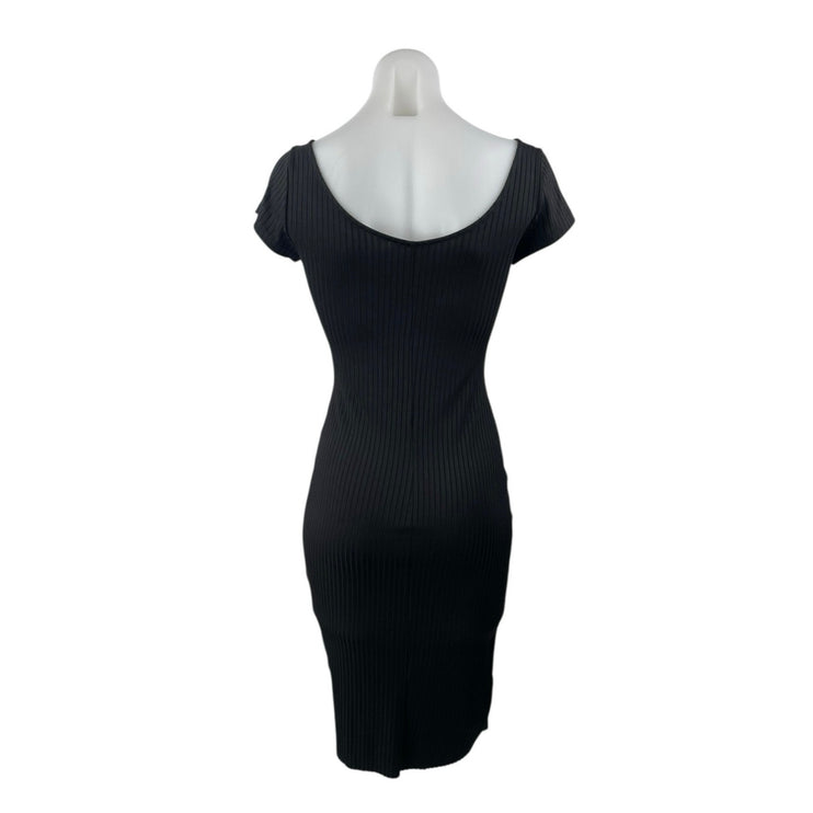 Zara Black Short Sleeve V Neck Ribbed Knit Pencil Midi Bodycon Dress Size S