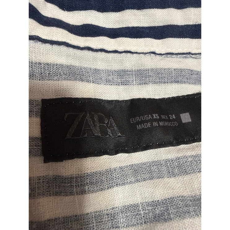 Zara Women's Blue Linen Striped Short Sleeve Crop Button Down Shirt Top Size XS