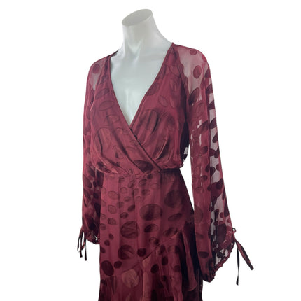 NEW Asos Red Silk Satin Jacquard Warped Spot Long Sleeve High Low Dress Size 6P