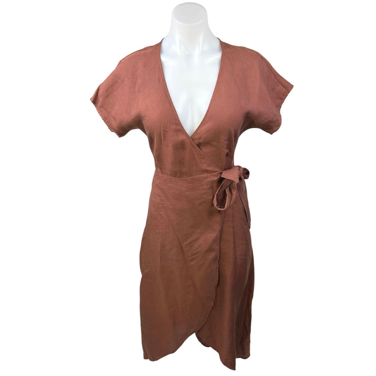 Aritzia Wilfred Linen Blend Brown Short Sleeve Deep V Midi Wrap Dress Size XXS