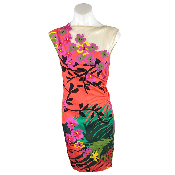 Alberta Ferretti Multicolor Floral Sleeveless Ruched Midi Tank Sheath Dress Sz 4
