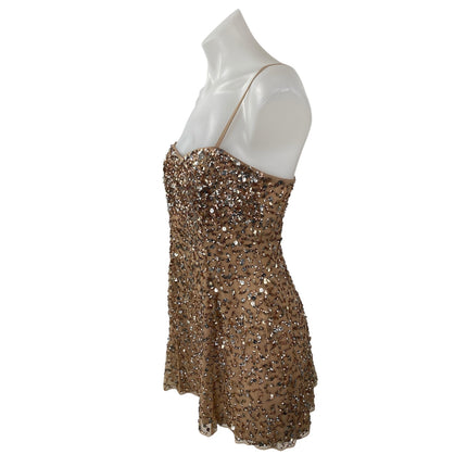 Majorelle Women's Tan Sequin Sparkly Sweetheart Cami Tank Mini A Line Dress M