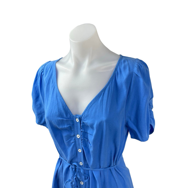 Madewell Blue Short Puff Sleeve Button Down Tie Waist V Neck A Line Mini Dress 4