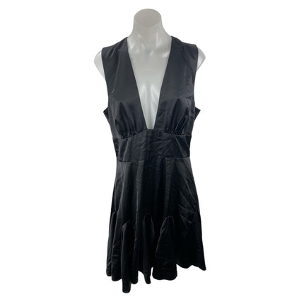 Abercrombie & Fitch Black Silk Satin Plunge Sleeveless Fit & Flare Mini Dress L