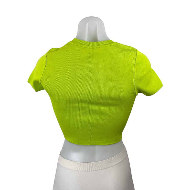 Zara Womens Neon Green Short Sleeve Ribbed Knit Crewneck T Shirt Crop Top Size S