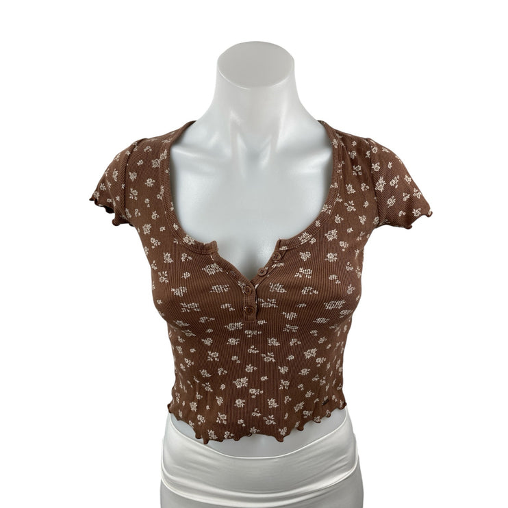 Hollister Brown Floral Lettuce Short Sleeve Crop Henley Baby Tee T-Shirt Top XS