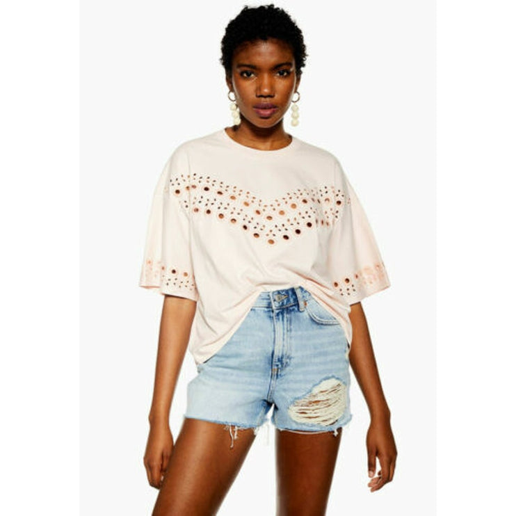Topshop Pink Floral Embroidered Eyelet Boho Loose Boxy T Shirt Tee Top Size 4/6