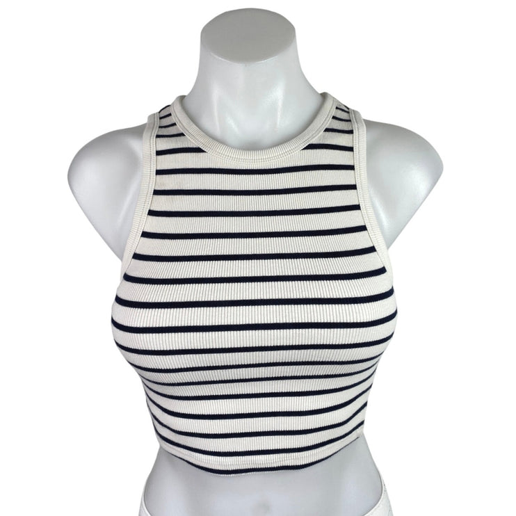 Zara White Black Striped Ribbed Knit Sleeveless High Neck Tank Crop Top Size S
