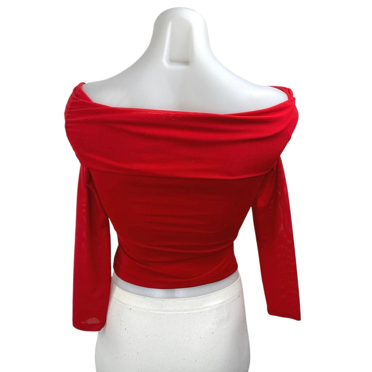 NA-KD Women' Red Off Shoulder 3/4 Sleeve Flower Bow Crop Blouse Top Size XS