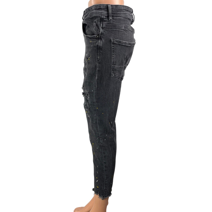Zara Women's Black Distressed High Rise Paint Splatter Skinny Denim Jeans 31