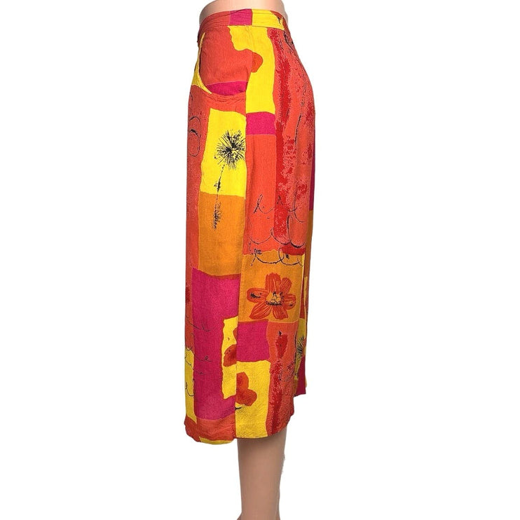 Styleworks Newport Multicolor Neon Boho Patchwork Floral Pockets Midi Skirt Sz 6