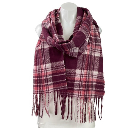 NWT Ann Taylor LOFT Pink Maroon Check Plaid Fringe Wrap Shawl Neck Scarf OS