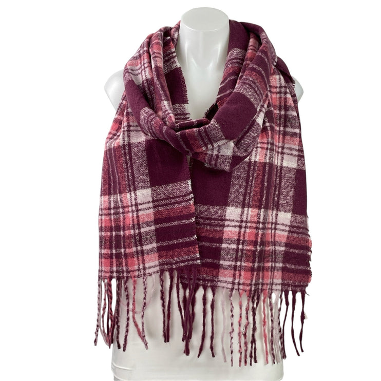NWT Ann Taylor LOFT Pink Maroon Check Plaid Fringe Wrap Shawl Neck Scarf OS