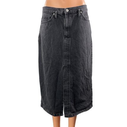MNG Mango Women's Black Washed High Rise Slit Pencil Midi Denim Jean Skirt L