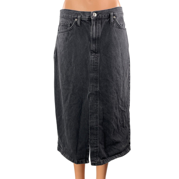 MNG Mango Women's Black Washed High Rise Slit Pencil Midi Denim Jean Skirt L
