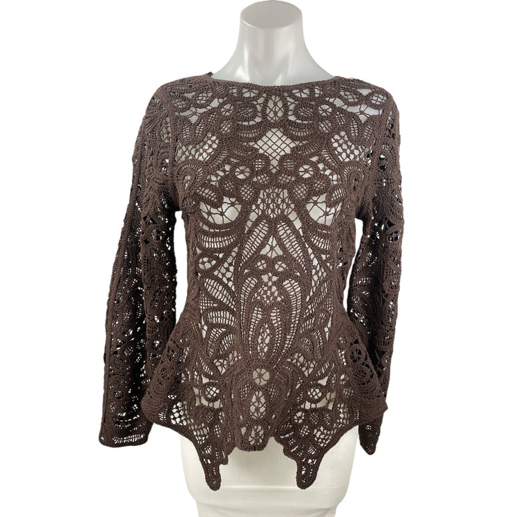 & Other Stories Women Brown Crochet Lace Open Sheer Peplum Knit Blouse Top Sz S