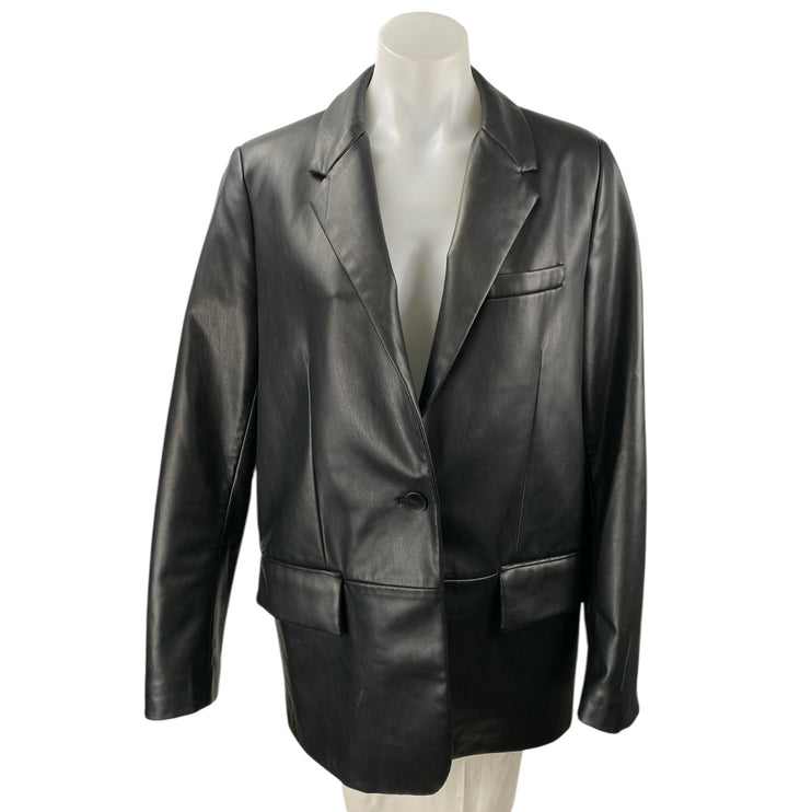 Zara Womens Black Faux Vegan Leather Long Sleeve Button Blazer Coat Jacket Sz M
