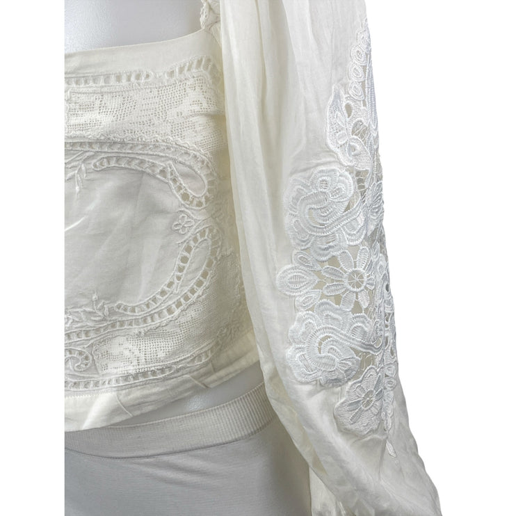 Farm Rio Women's White Floral Lace Embroidered Long Balloon Sleeve Blouse Top M