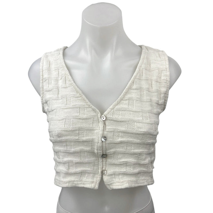 Madewell White Basketweave Stitch Sleeveless V-neck Button Crop Top Vest Sz XXS
