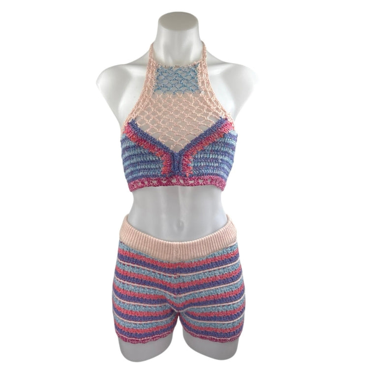 Zara Women's Multicolor Crochet Knit Halter Crop Top Brallette & Shorts Set Sz M