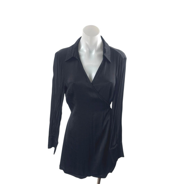 Zara Women's Collared V Neck Long Sleeve Mini Flare A-Line Wrap Shirt Dress Sz L