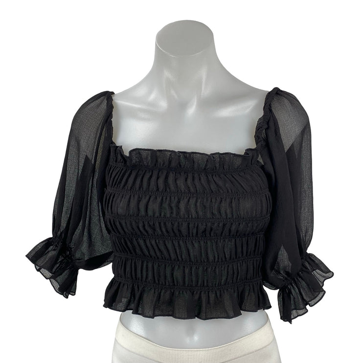Urban Outfitters Black Smocked Mesh Sheer Half Sleeve Ruffle Blouse Crop Top M