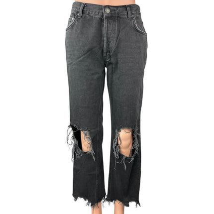 Free People Maggie Black Straight Mid Rise Distressed Raw Hem Denim Jeans Sz 27