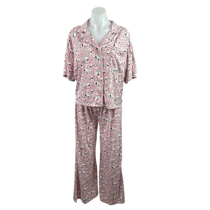 Munki Munki Peanuts Pink Short Sleeve Button Pants Sleepwear Pajamas Set Size M