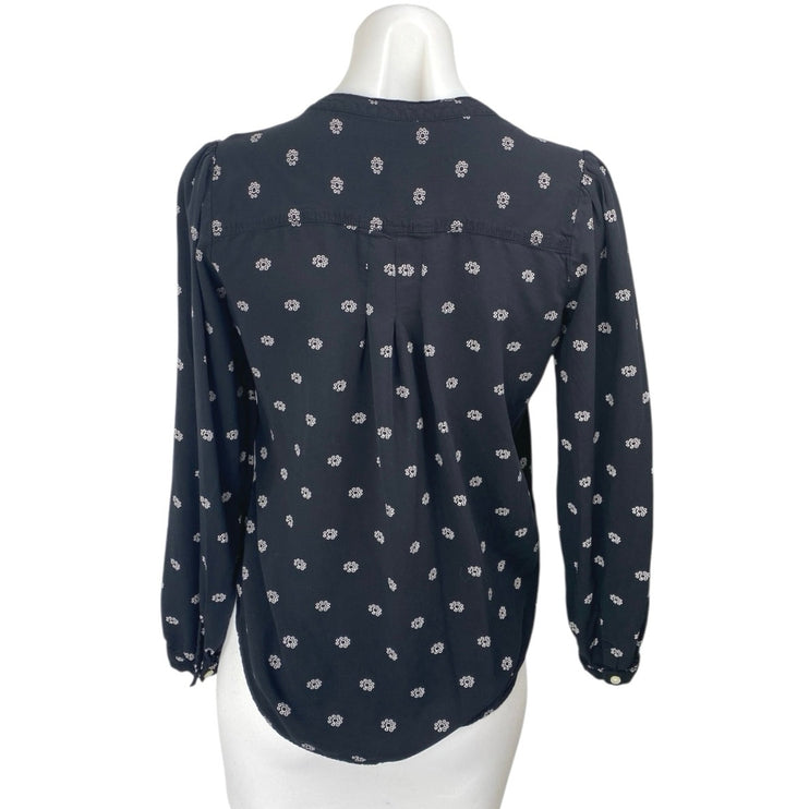 Ann Taylor LOFT Black Floral Long Puff Sleeve V-Neck Blouse Shirt Top Size XS