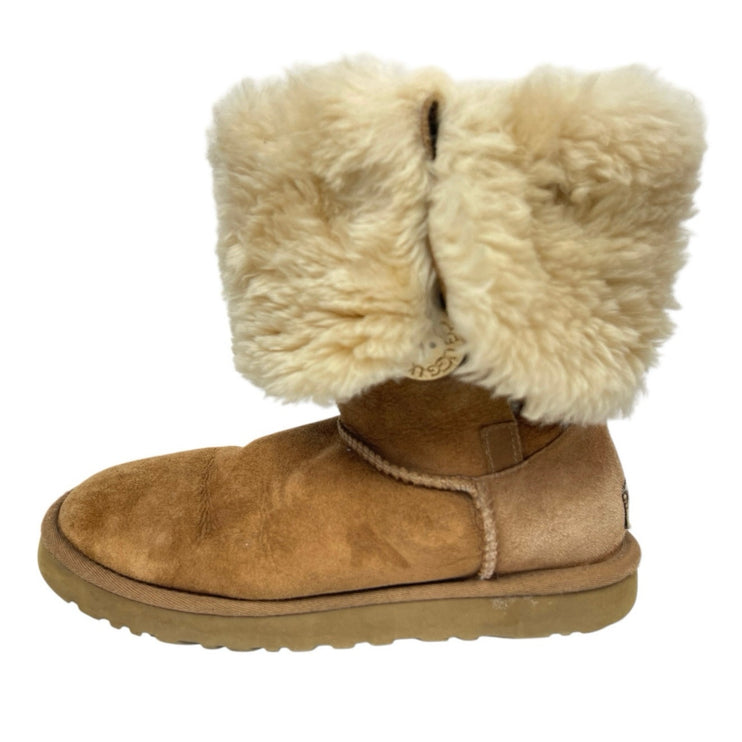 UGG Bailey Button Triplet II Brown Shearling Leather Mid Calf Snow Boots Size 7