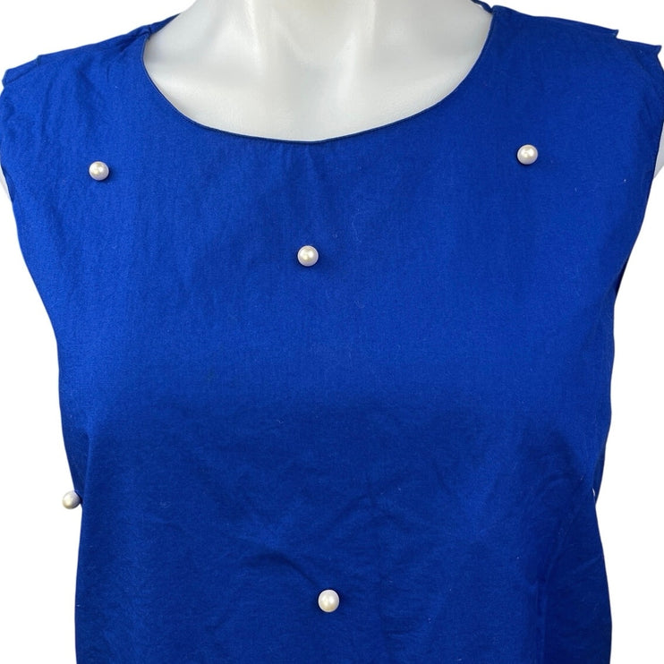 Zara Blue Sleeveless Pearl Embellished Frill Ruffle Lace Up Back Blouse Top XL