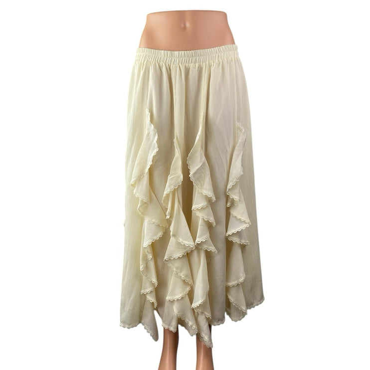 Commense Women's Cream White Ruffles Elastic waist Midi Flared A-Line Skirt XL