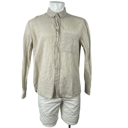 Zara Men's Beige Linen Collared Long Sleeve Chest Pocket Button Down Shirt Top L