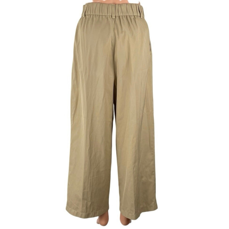 Zara Women Beige High Rise Pleated Palazzo Wide Leg Trousers Chino Dress Pants S
