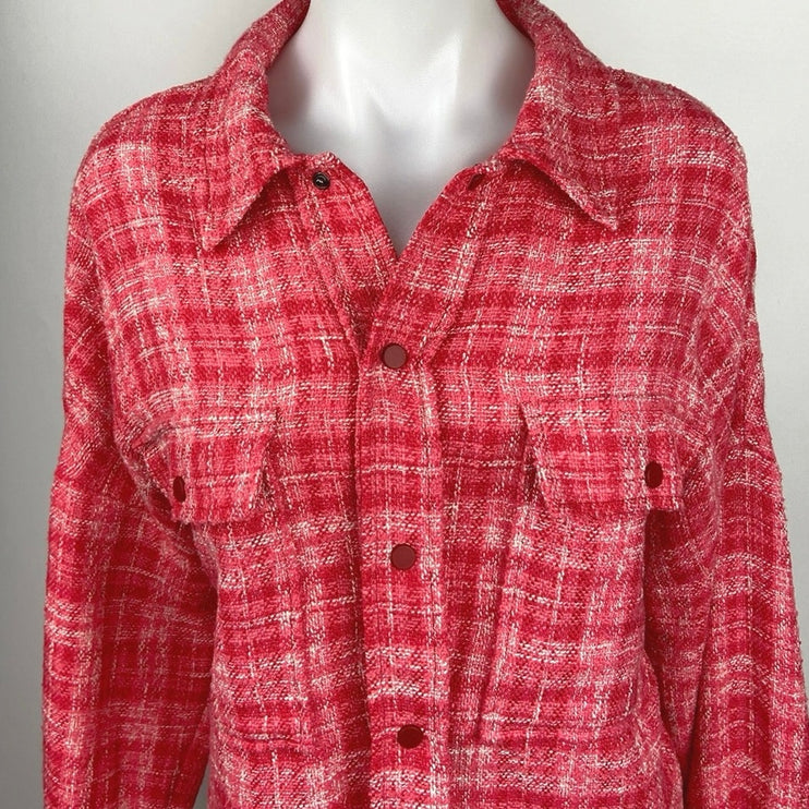 Zara Pink Plaid Tweed Button Front Long Sleeve Pockets Oversized Shirt Jacket L