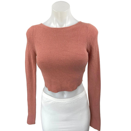 Urban Outfitters Pink Rib Knit Long Sleeve Lace Up Tie Back Crop Sweater Top S