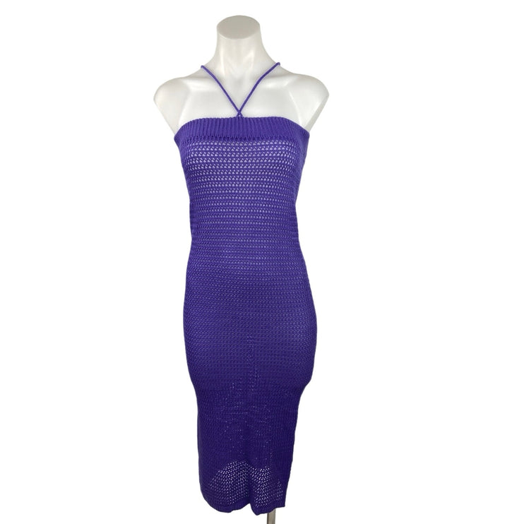 Womens Purple Open Knit Crochet See Through Halter Bodycon Summer Dress Size M