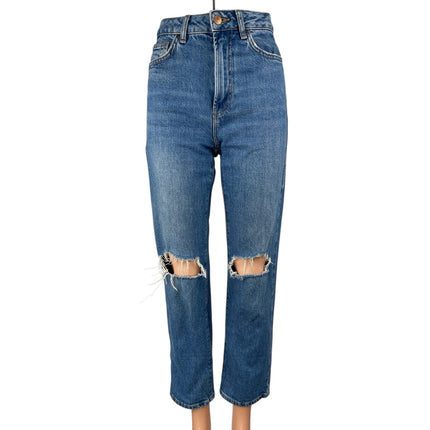 New Look Women's Blue Distressed High Waisted Straight Denim Mom Jeans Pants 2