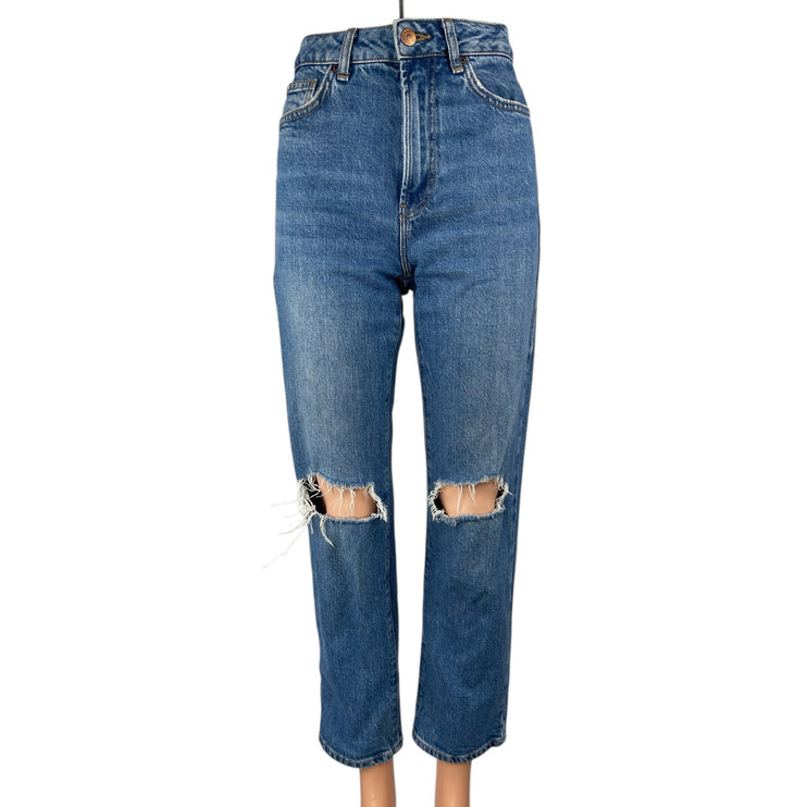 New Look Women's Blue Distressed High Waisted Straight Denim Mom Jeans Pants 2