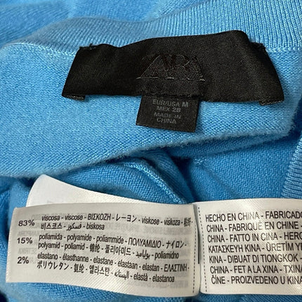 Zara Women Blue Knit Short Sleeve Stretch Crew Neck Pullover Sweater Top Size M
