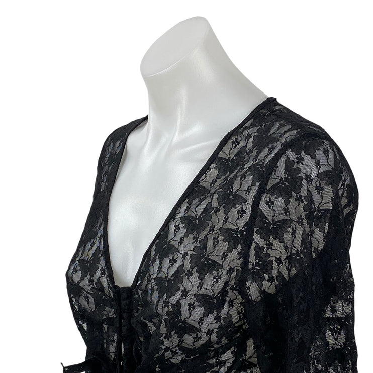 H&M Women's Black Butterfly Floral Lace Mesh Sheer Long Sleeve Crop Top Size M