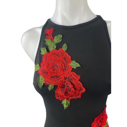 B. Darlin Black Floral Embroidered High Neck Sleeveless Mini Bodycon Dress 1/2